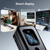 Phomemo portable printer smart display showing battery level indicator, Bluetooth and USB-C connection status, and on-screen user guide screens.