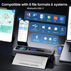 Phomemo printer connected via USB-C to laptop and Bluetooth to tablet and phone, with icons for PPT, Word, TXT, Excel, PDF, JPG formats and Windows, Mac, Chrome OS, Linux, Android, iOS support.